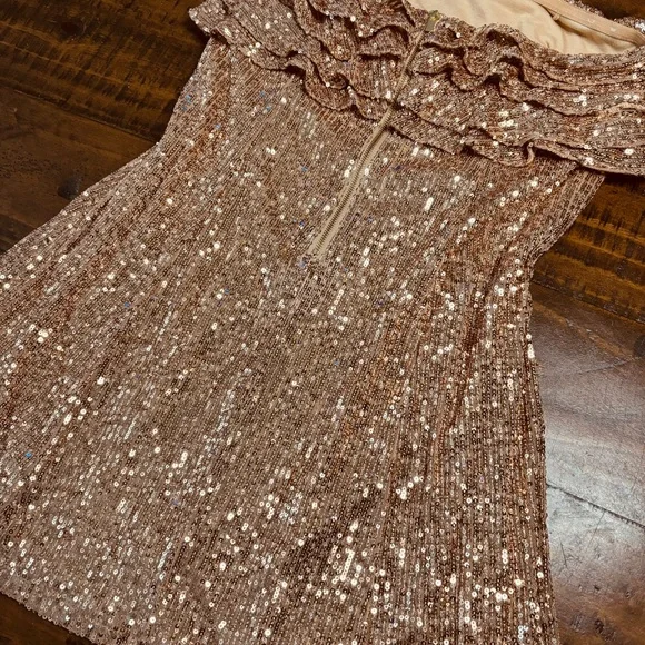 🥂Free People New Frida Ruffle Mini Dress Sequined Bronze 6 Cocktail Party - Picture 10 of 13